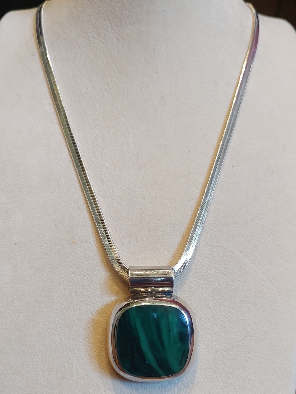 Sterling Silver 925 Malachite Pendant And Sterling Silver Herringbone Chain